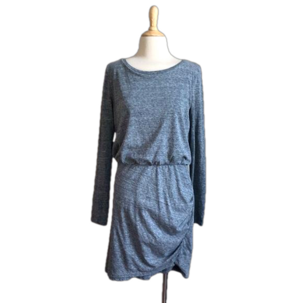 LEITH Women's Large Grey Blouson Knit Long Sleeve Ruched Mini Dress Casual Comfy
